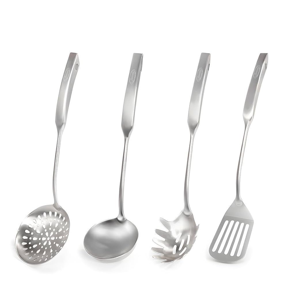 Newness 4 Pcs Cooking Utensils Set, 304 Stainless Steel Kitchen Utensils Set, Metal Kitchen Accessories, Include Soup Ladle, Slotted Skimmer Spoon, Spaghetti Spoon and Spatula, Dishwasher Safe