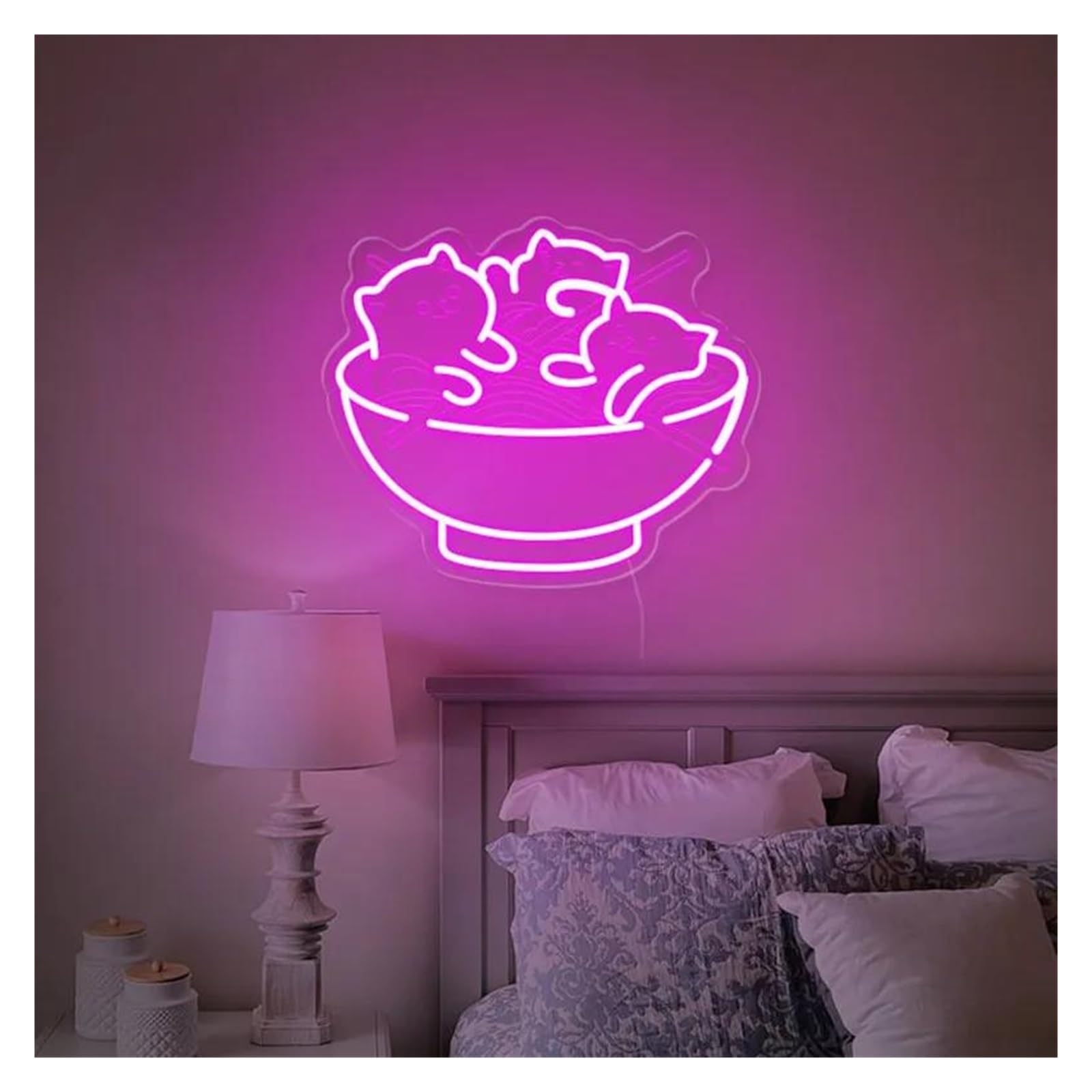 LEMST Signs Lamp Ramen Cat Neon Sign,Cute Cat Noodles Neon Light, Resturant Room Dorm Wall Decor 40x33cm(Pink)