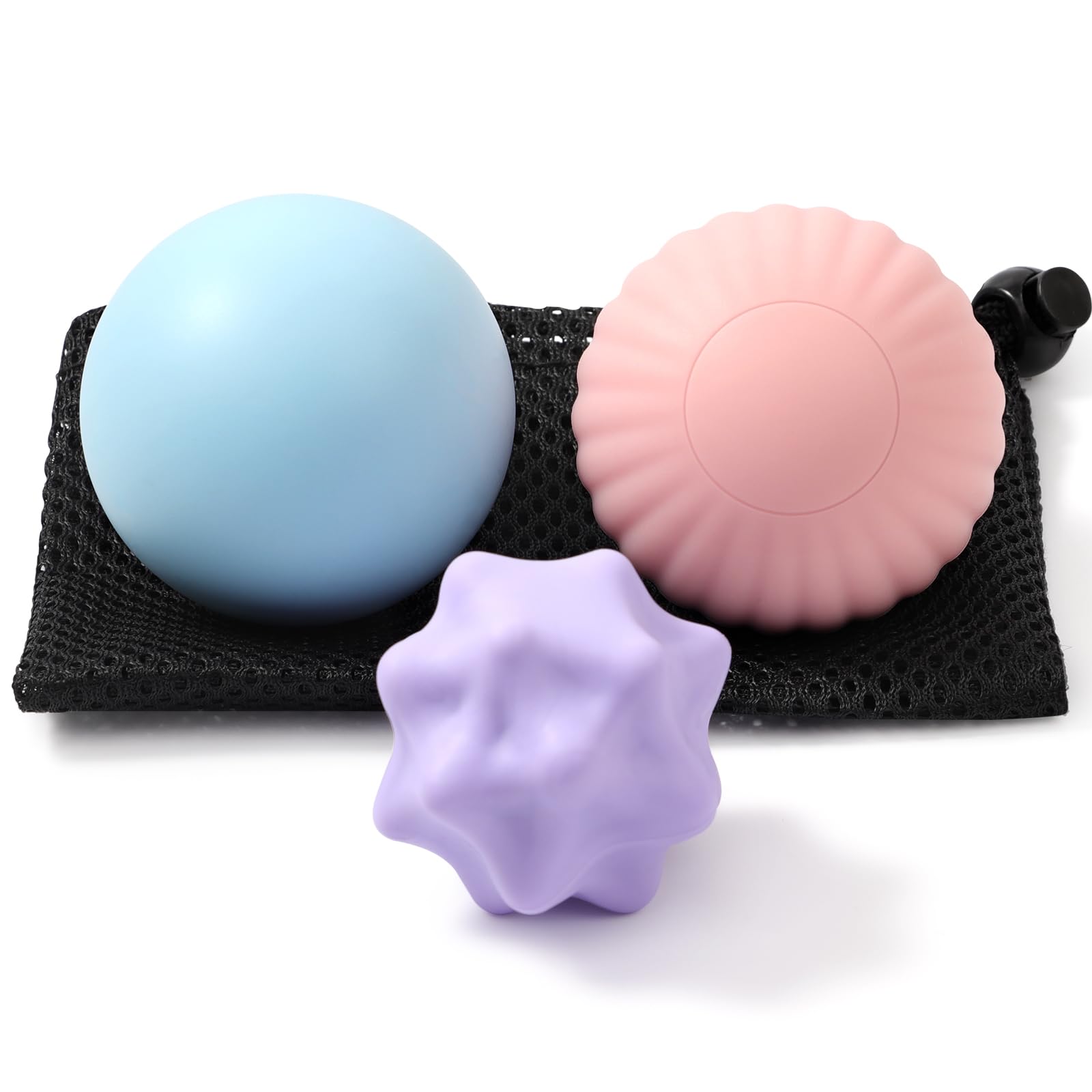 HODEMI Juego de bolas de masaje para tejido profundo, 3 piezas, bola de masaje de lacrosse, bolas de masaje manual de silicona para liberación miofascial y relajación muscular con bolsa de malla