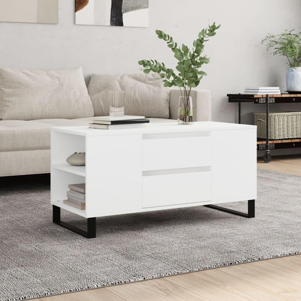 Table basse blanche 2 tiroirs et 4 compartiments de rangement en bois