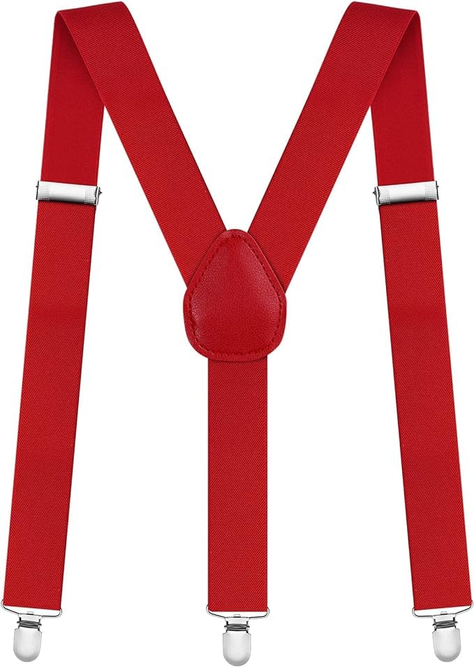 France Mens Fashion Accessories Pocket Square Suspenders and Cufflins Satin Fabric Free Size (Suspenders, Red)-image-46
