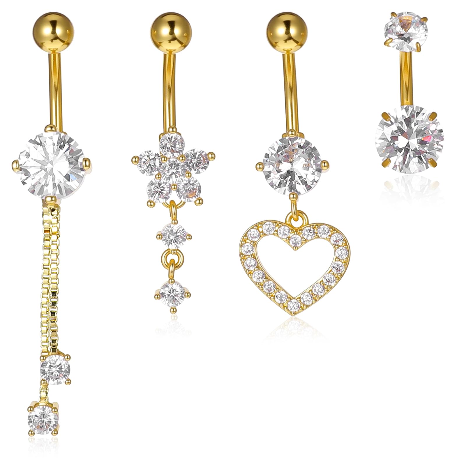 Cobee 4 sztuki kolczyków do pępka ze stali nierdzewnej, 10 mm, stal chirurgiczna, złoty, piercing do pępka, długi kolczyk do pępka, biżuteria z zawieszką ze strasu, dla kobiet (4 style)