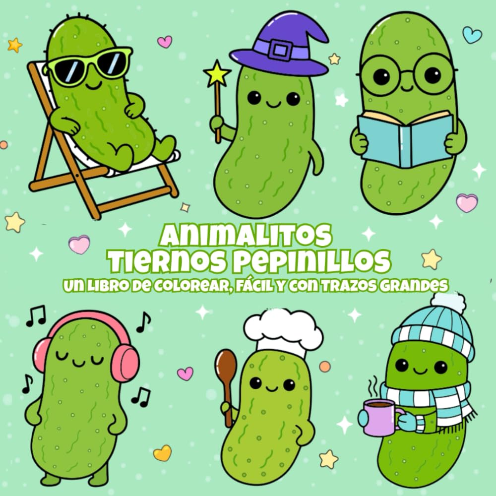 Animalitos Tiernos Pepinillos: Libro de Colorear para Adultos, Adorable, Anti-estrés y de Trazos Grandes