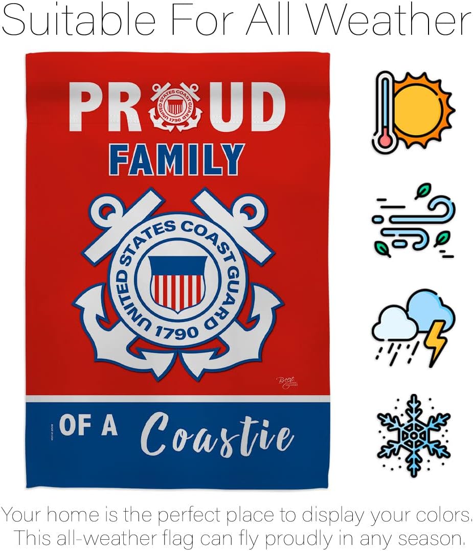 Breeze Decor Proud Family Coastie Garden Flag - Set with Stand Armed Forces Coast Guard USCG Semper Paratus USA Military Veteran Retire Official - House Yard Gift Double-Sided 13 X 18.5
