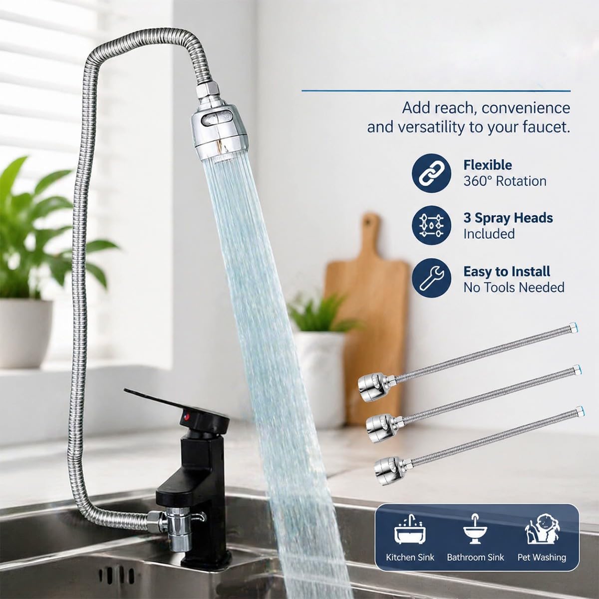 Pack 3 Extensor Grifo Ducha Flexible Manguera Universal 85cm Acero INOX Cromado Cocina Baño Lavabo Lava Pelo Mascotas Limpieza Instalación Fácil