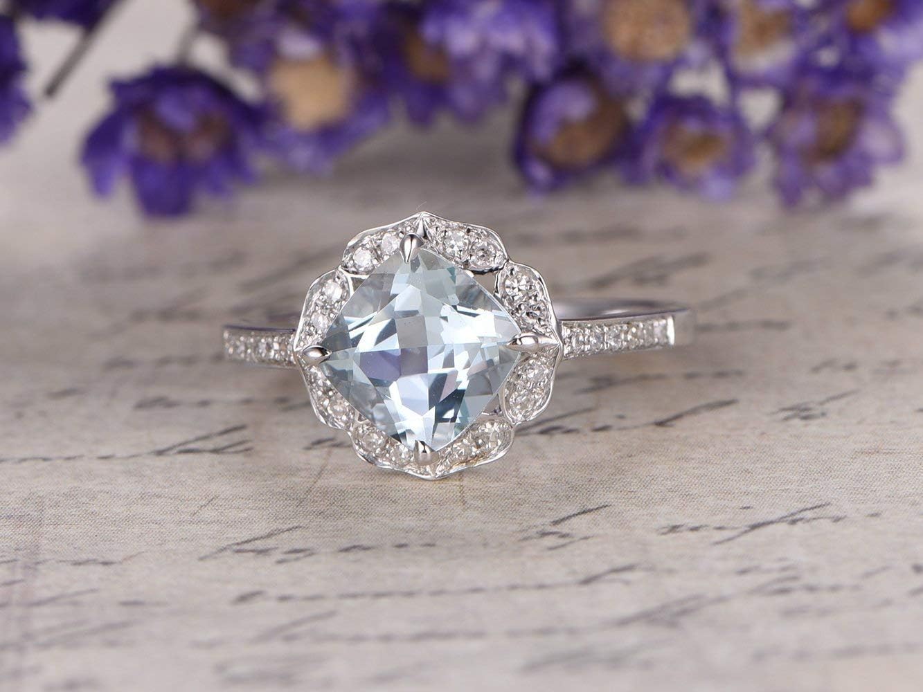7mm Cushion Cut Natural Blue Aquamarine Halo Engagement Ring Solid 14k White Gold Flower Floral Vintage March Birthstone Thin Diamond Wedding Band Bridal Ring Anniversary Gift Claws Prong Antique