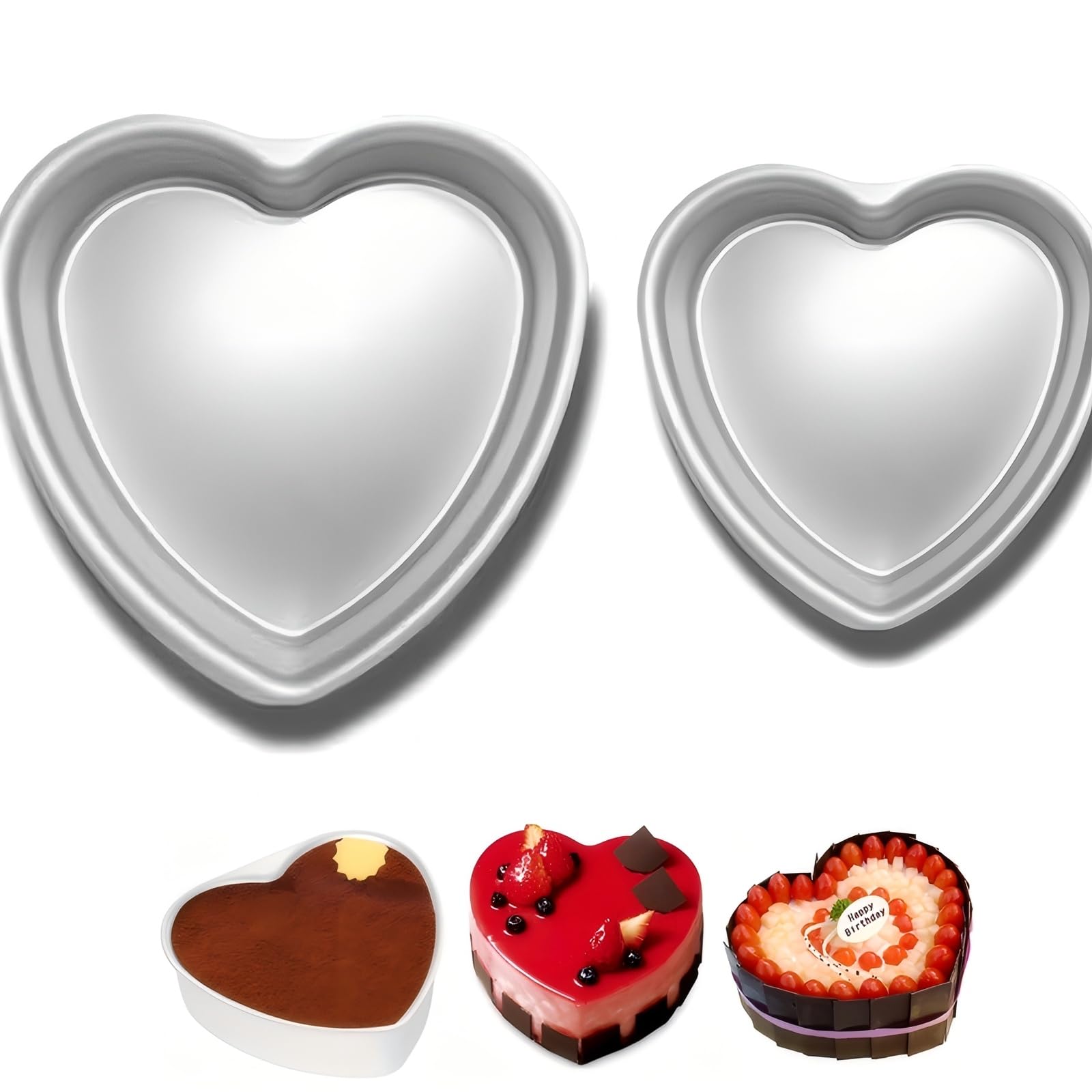 Lot de 2 moules à gâteau en forme de cœur, antiadhésifs en aluminium de 20,3 et 15,2 cm, moule à gâteau en forme de cœur, moule à gâteau pour desserts romantiques – 2 pièces, fond fixe
