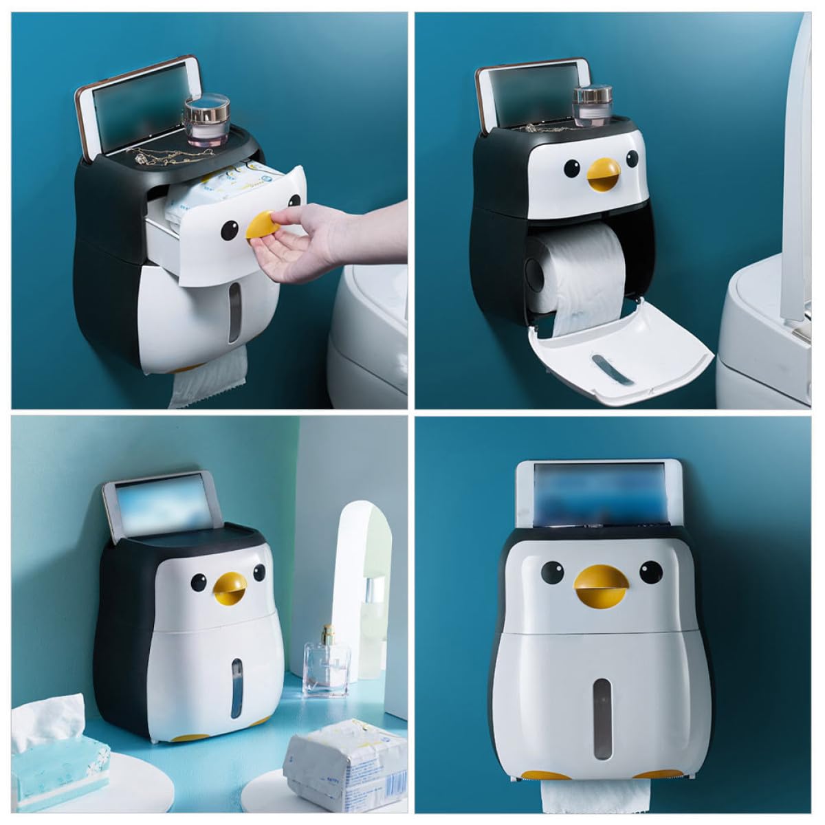 Toilettenpapierhalterung Weiß aus Kunststoff mit Wandbefestigung ohne Bohren Papiertaschentuchbox in Pinguin Form Multifunktional für Hotelbad und Haushalt
