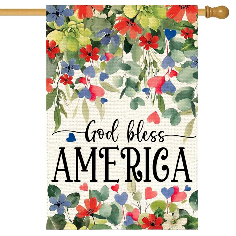RABUSOFA 4th of July Memorial Day Patriotic House Flag 28x40 Inch Double Sided,God Bless America Flowers Yard Outdoor Decoration Large