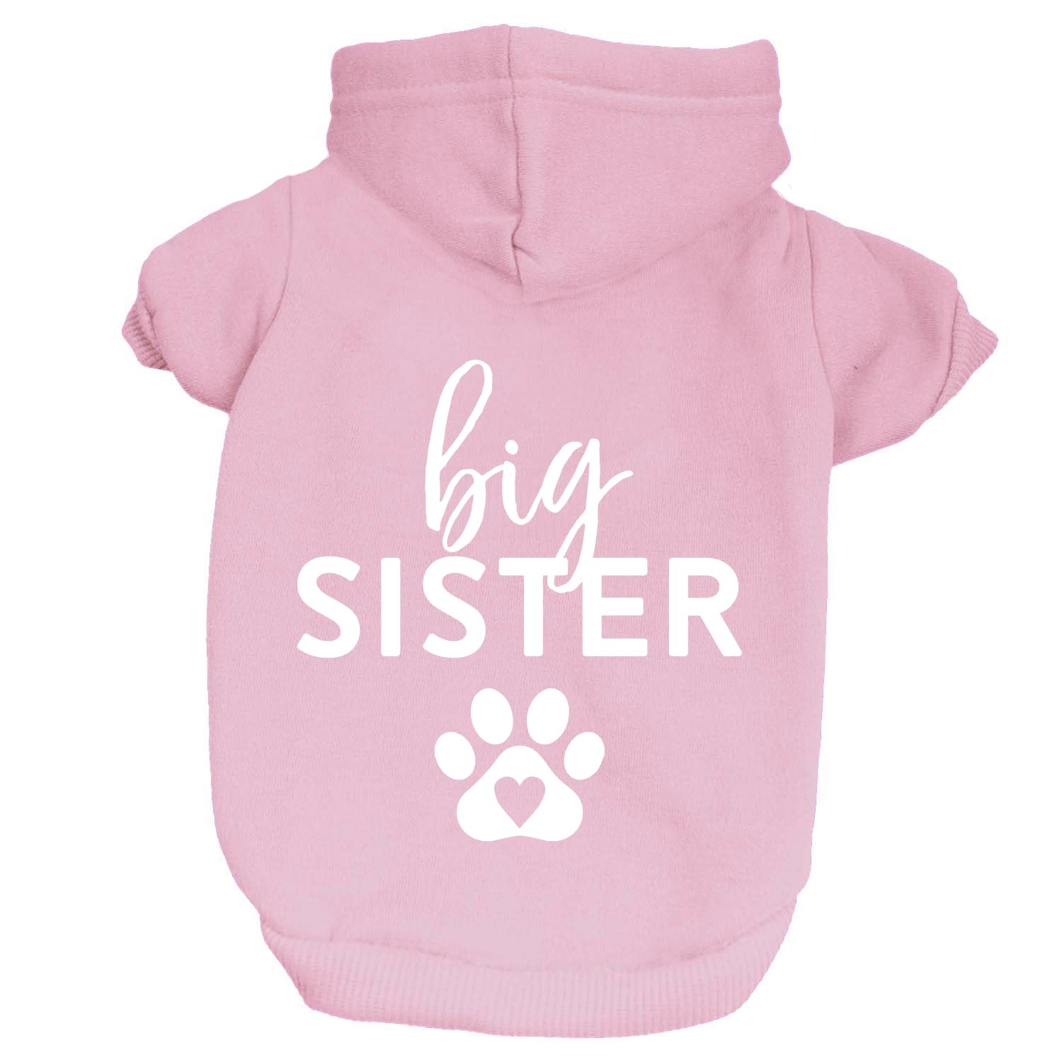 Big Sister Heart Paw Baby Announcement Dog Hoodie Fleece Lined Pullover Sweatshirt with Leash Hole (Baby Pink, Large 86)