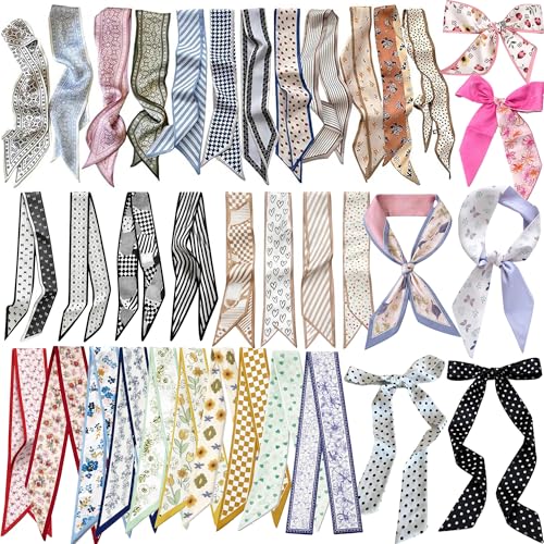 FlameFam 36 PCS Handbag Scarf for Women Multi-Length Twilly Scarves Faux Silk Narrow Purse Scarves for Hair Neck Handbags