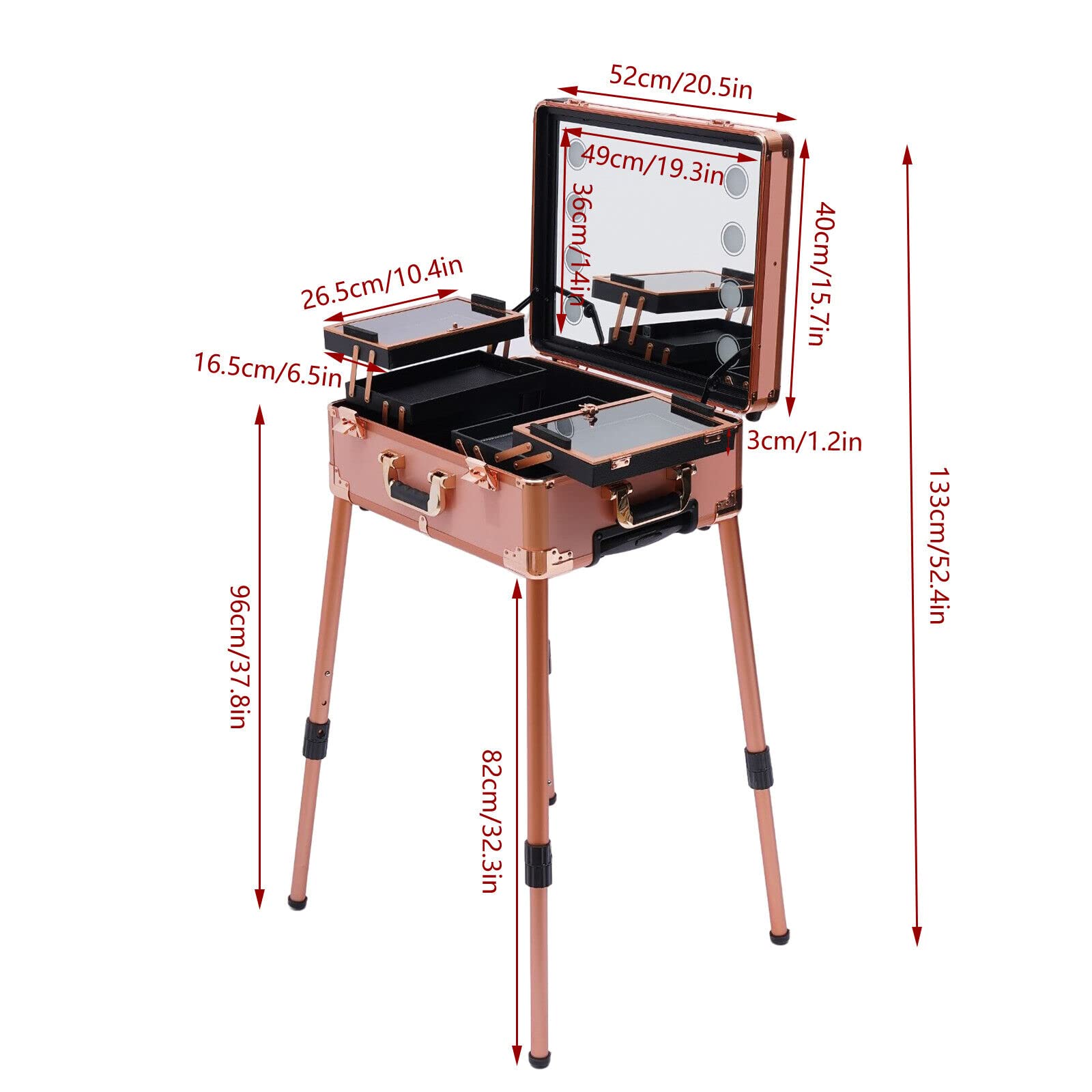 Valise Rolling Maquillage avec LED Miroir Éclairé Professionnel Hauteur réglable Aluminium Coffre À Maquillage et Bluetooth Valise De Maquillage Trolley pour Maquilleur，Esthéticiennes