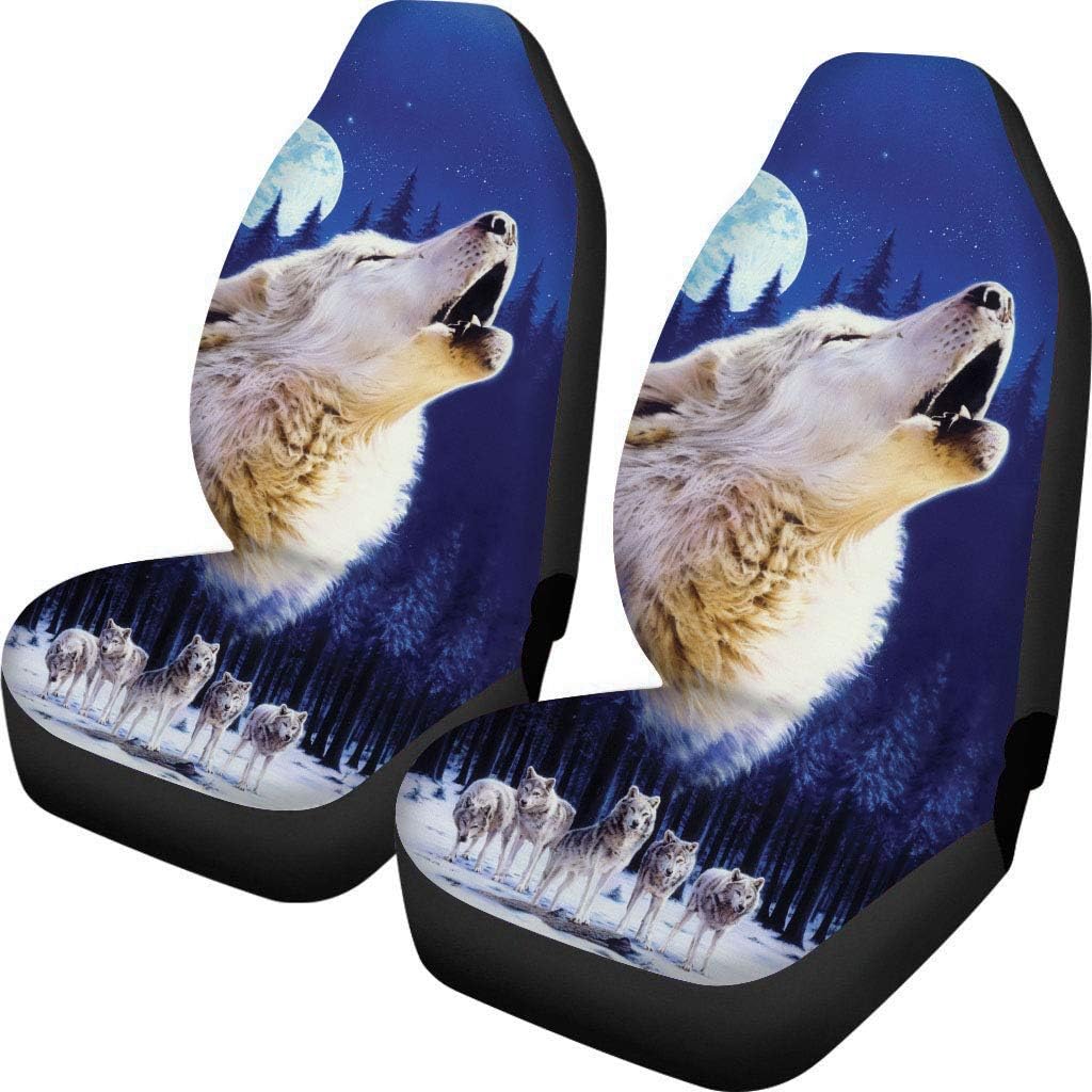 WHEREISART Cool Wild Wolf Design Elastic Car Seat Protector Cover 2 Pcs Fit Car Auto Truck SUV