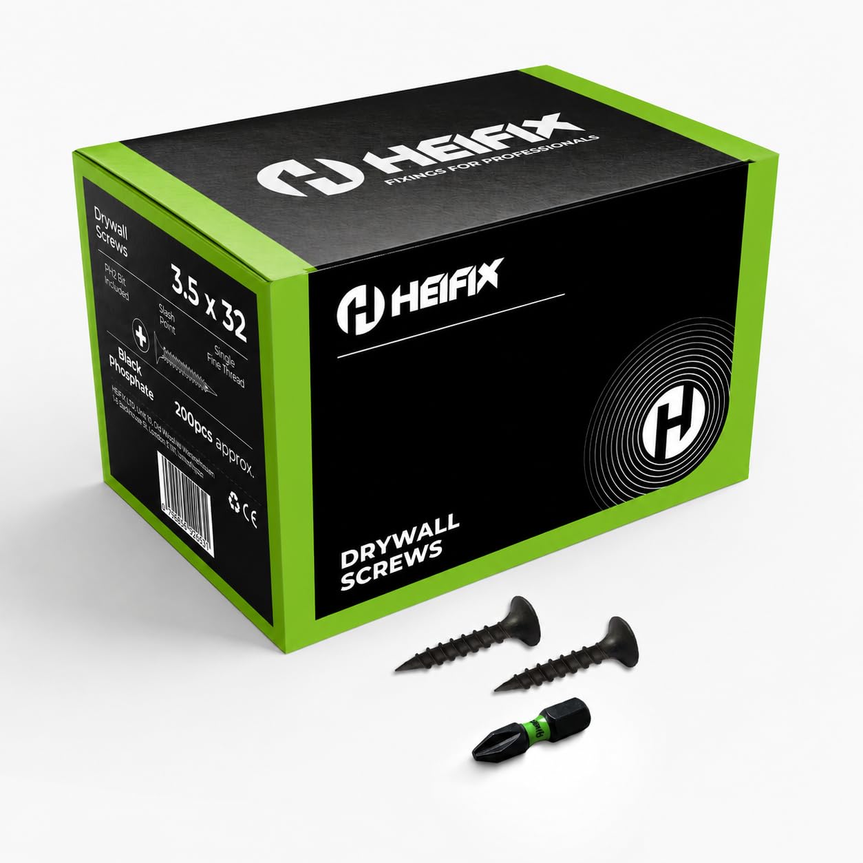 Heifix Drywall Plasterboard Screws - FREE PH2 Screw Bit Included - Black Phosphate Single Fine Thread (QTY 200, 3.5 x 32mm)