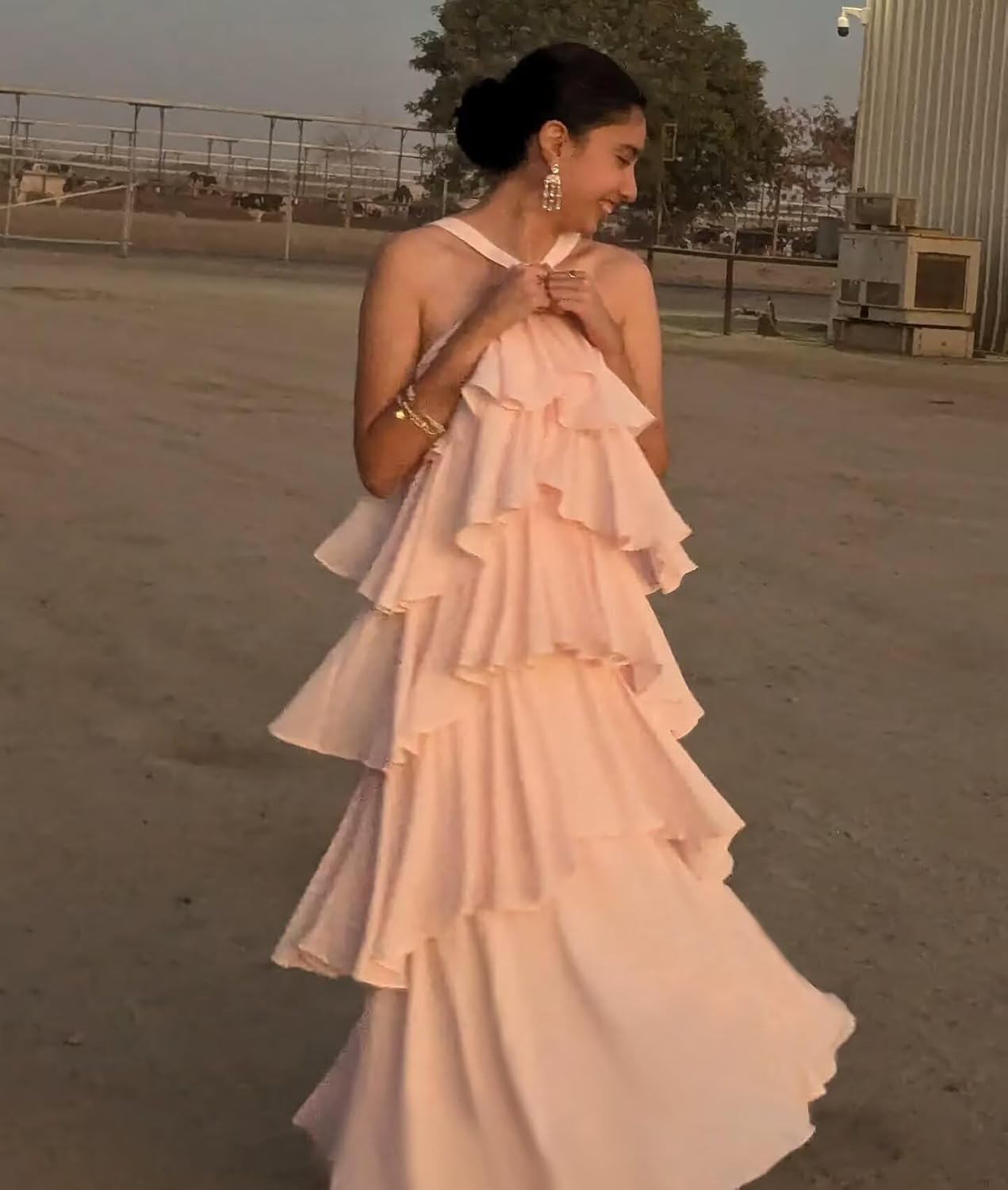 Chiffon Halter Tiered Bridesmaid Dresses Long Aline Formal Evening Party Gowns