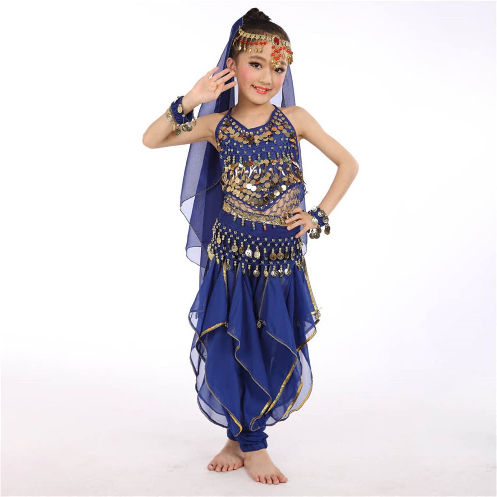 FGUUTYM 6 piezas hechos a mano para niños niñas trajes de danza del vientre niños danza del vientre danza tela danza del vientre conjuntos para niñas diadema azul