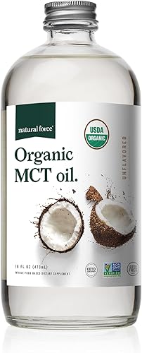 Natural Force - Aceite MCT orgánico - Botella de vidrio puro - Hecho de 100% aceite de coco virgen prensado en frío, apto para dietas Keto, Paleo,