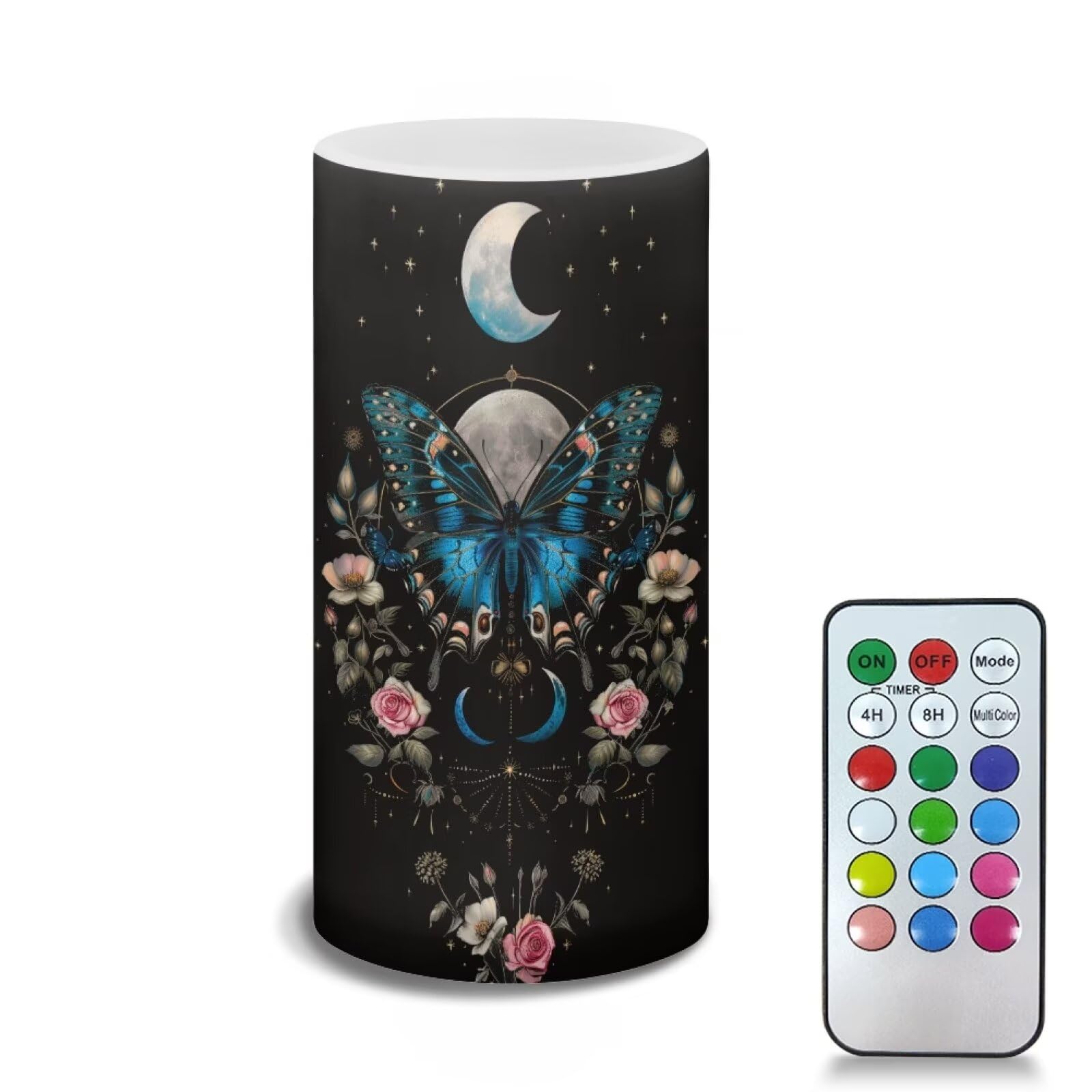 Poceacles Butterfly Flower Moon Black Flameless Candle with 18 Key Remote 4/8 Hours Timing Color Changing, Flickering Wick Realistic Votive Electric Candle for Desktop Home Decoration