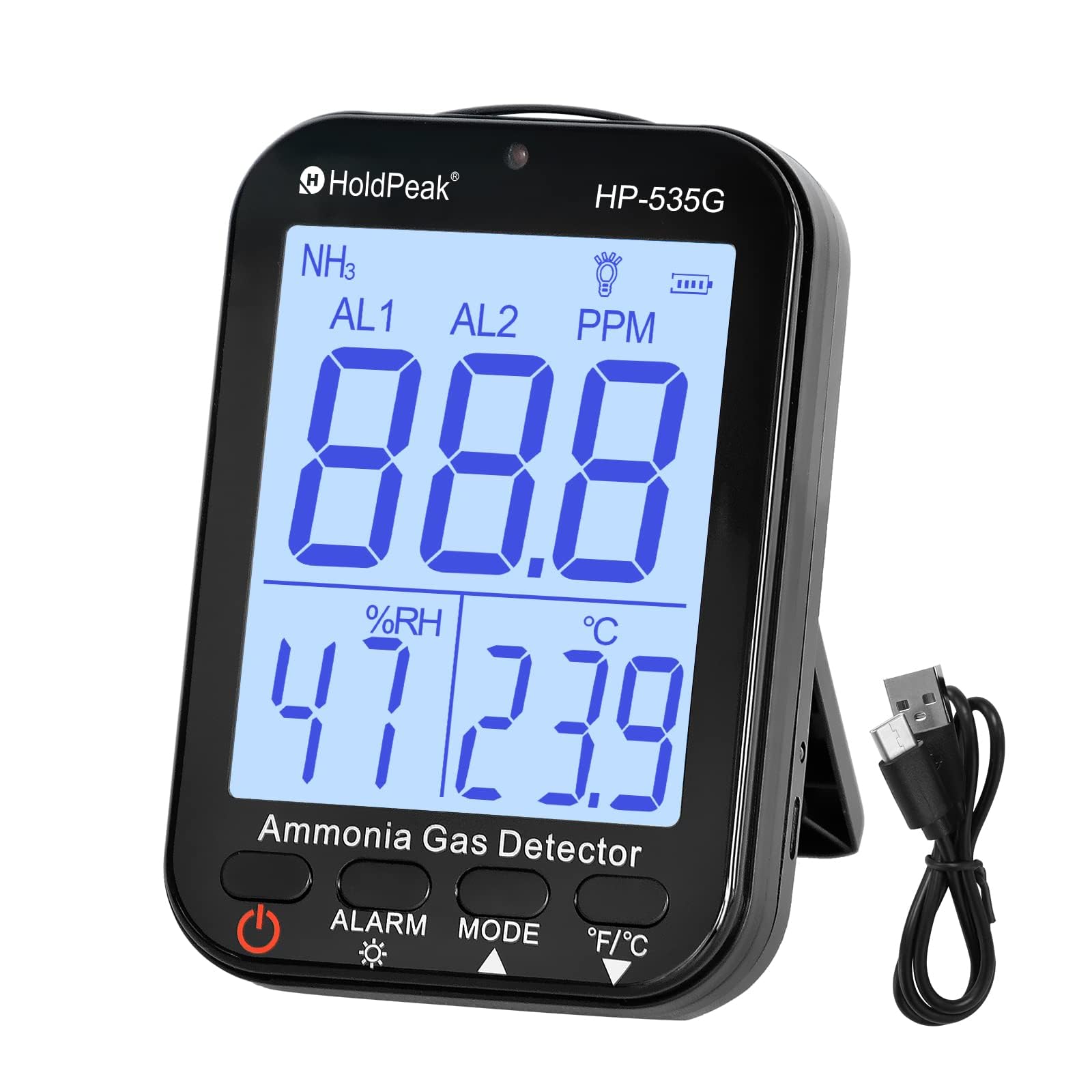 Détecteur de gaz Ammoniac NH3 0~100 PPM, Résolution 0.1 PPM Rechargeable Détecteur Qualité Air pour Température et Humidité, Double Alarme Acoustique et Optique, pour la Ferme/Produits Chimiques