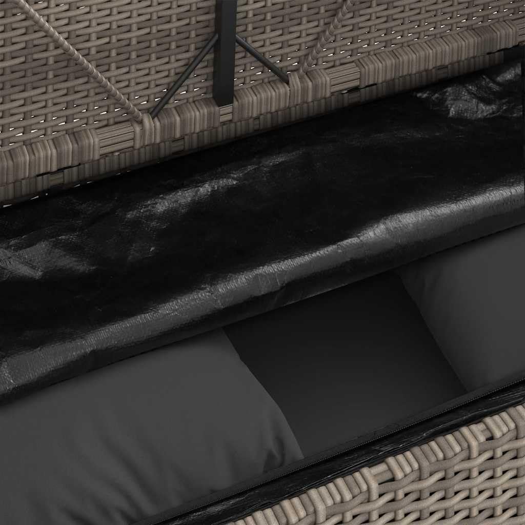 Panca da giardino con cuscino, in polyrattan grigio, panca con vano portaoggetti e borsa impermeabile, seduta imbottita con rivestimento rimovibile, coperchio sicuro con molla a gas per