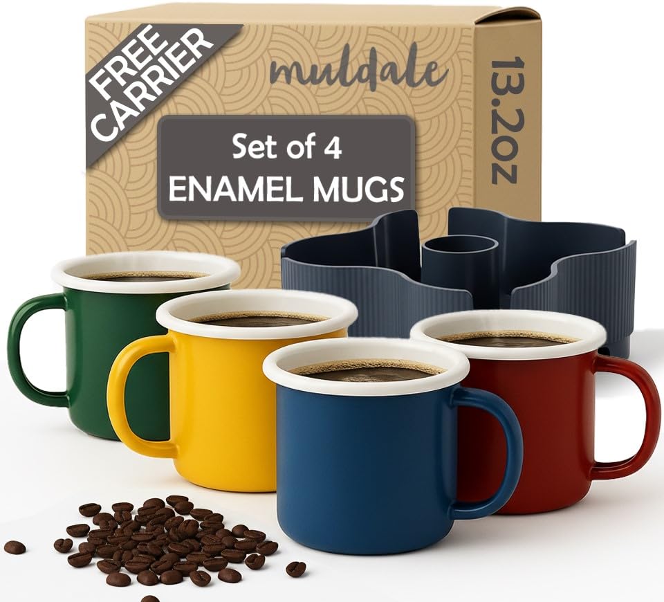 Muldale Enamel Camping Coffee Mugs Set of 4 with UK Made Drink Caddy