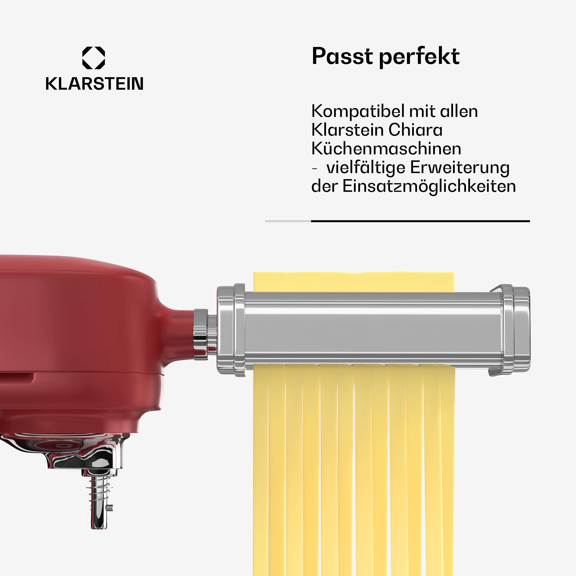 Klarstein Chiara Küchenmaschine Nudelaufsatz 3-in-1 Pasta-Zubehör Edelstahl Spülmaschinenfest 8 Stufen Fettuccine Spaghetti-Schneider