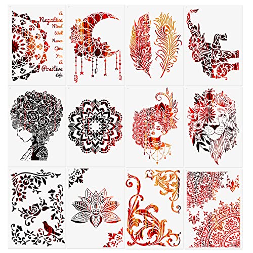 12 Pcs Mandala Stencil Large Stencils for Painting on Canvas Moon Elephant Boho Stencil Floral Feather Border Floor Stencil for Painting on Wood Reusable Drawing Stencil for Crafts Decor (A4 Size)