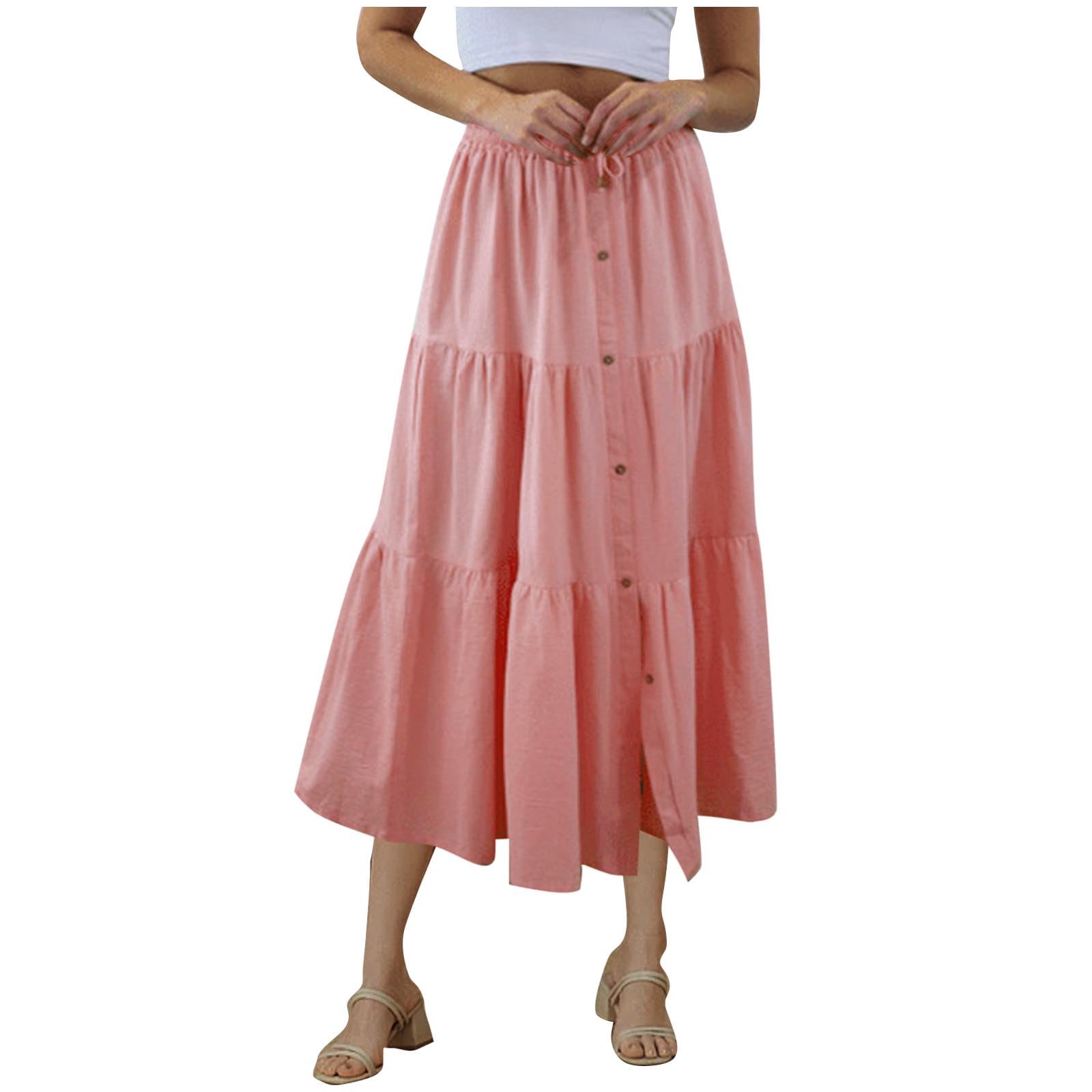 Summer Skirts for Womens Casual Front Button A-Line Flowy Long Skirt Pleated High Waisted Casual Tiered Maxi Skirts Pink