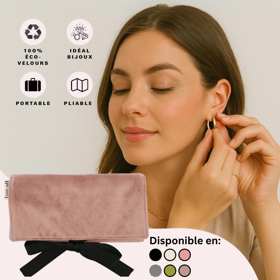 Bag-all Trousse Bijoux Femme | Organiseur Bijoux de Voyage & Maison | Pochette Compacte avec Poches Zippées, Porte-Bagues & Boucles d’Oreilles | Velours Recyclé | Velours rose