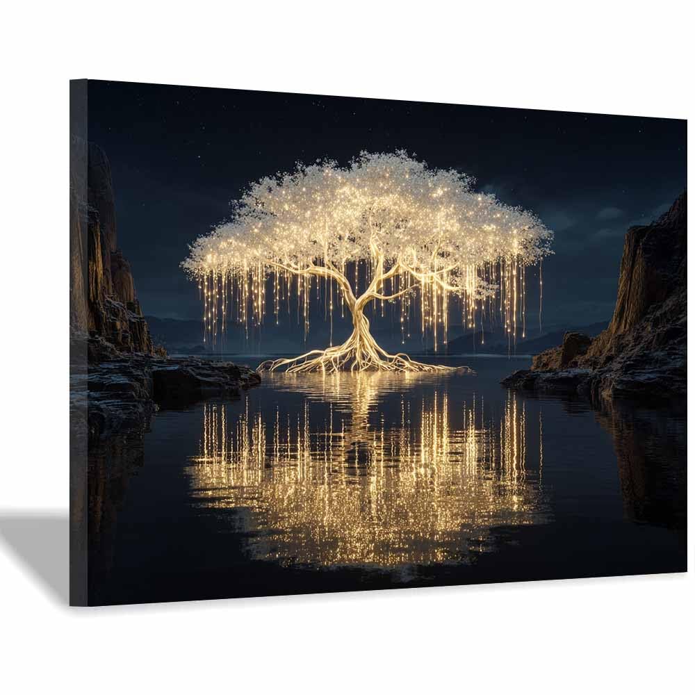 XENIOU Tree Of Life Gold Whites blossoms Tree canvas painting wall art, Living Room Bedroom Hallway Stairs Decoration.(Multicolor)-70x100cm Framed