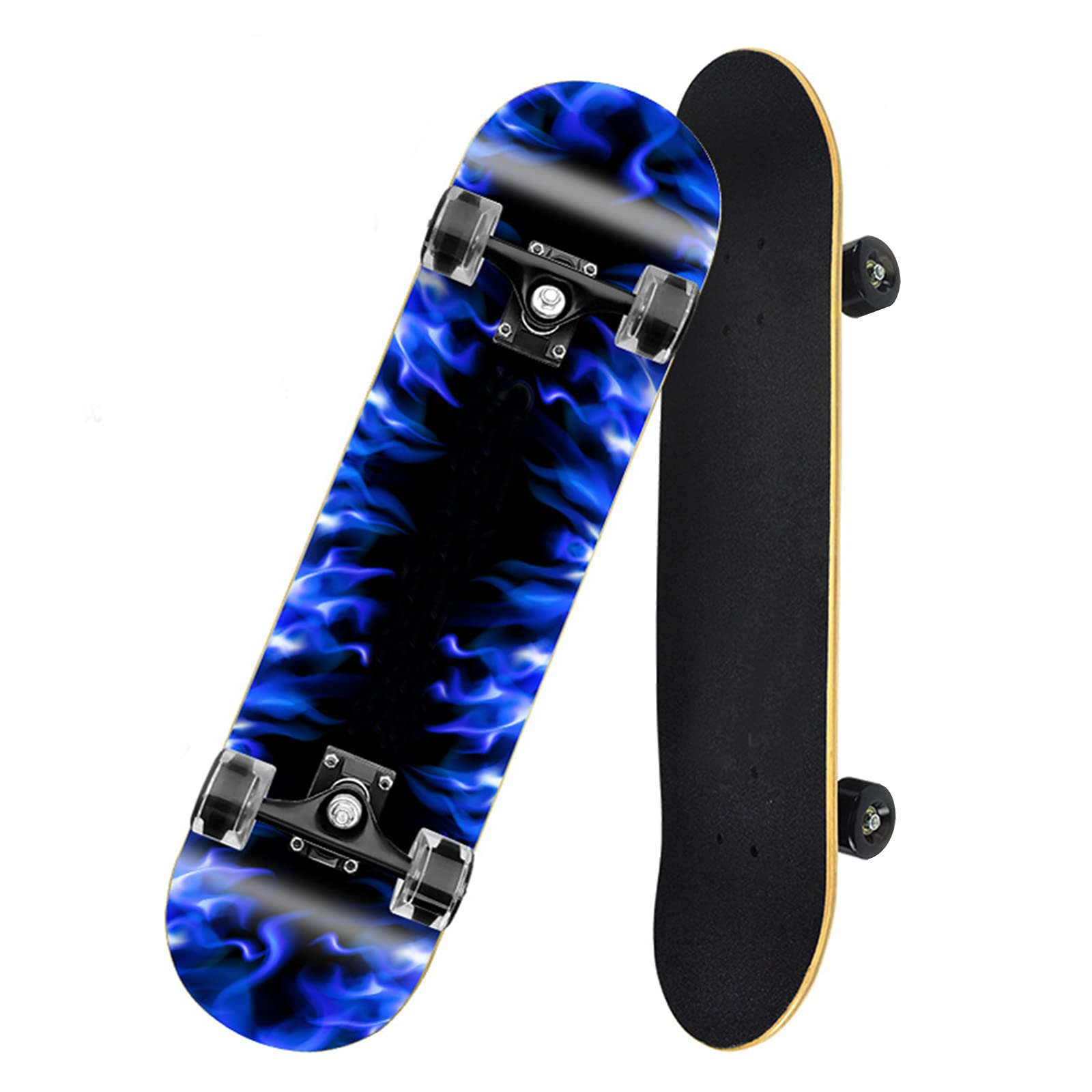 Skateboard Completa de 31 "x 8", 7 Capas, Tablas de Arce, Longboards Cóncavos de Doble Inclinación para Principiantes, Adultos, Mujeres, Hombres, Adolescentes, Niñas, Niños,Blue Flame