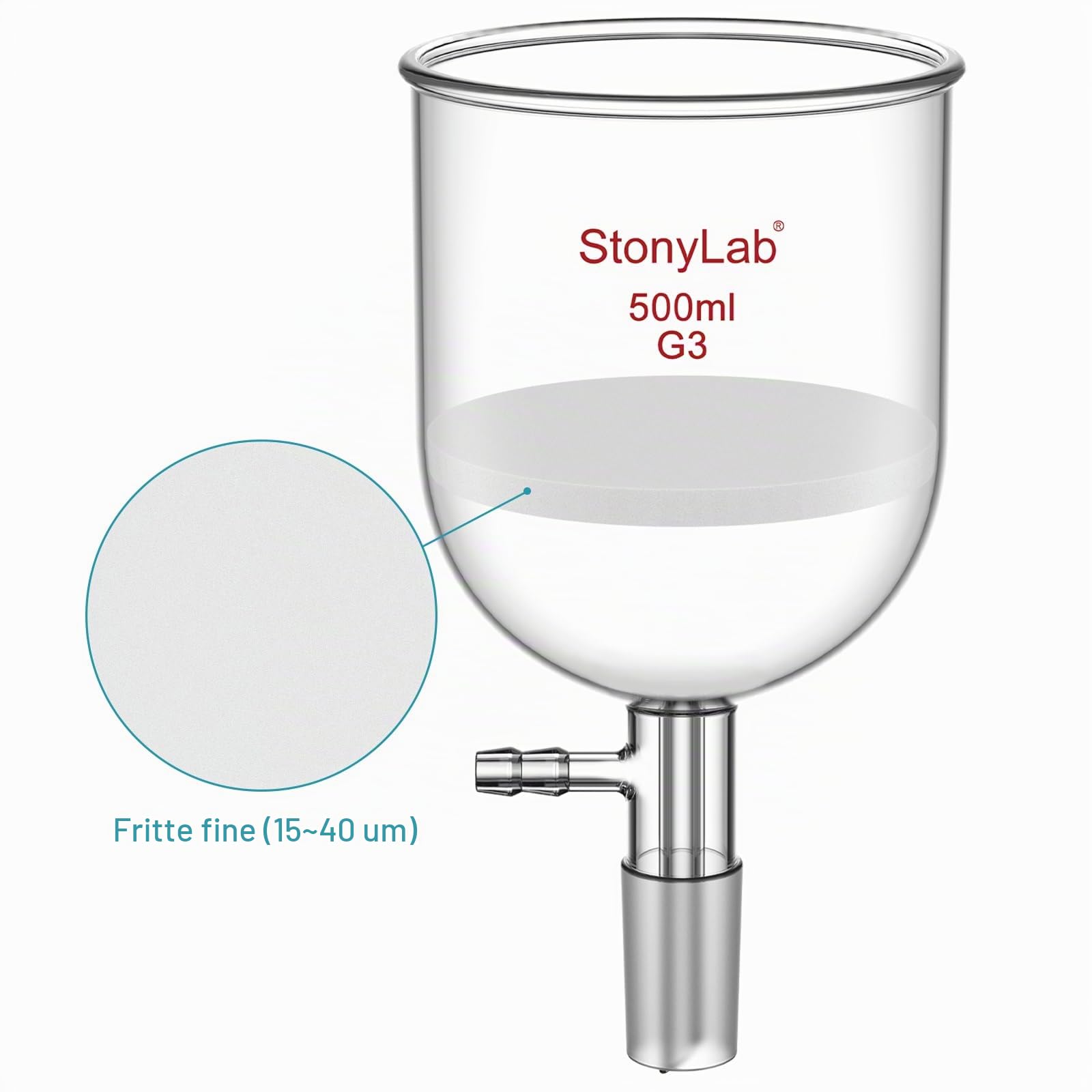 StonyLab Verre Borosilicate Buchner Entonnoir avec Fine Fritte (G3), Diamètre Intérieur de 94 mm, Profondeur de 100 mm, avec 24/40 Standard Joint et Tubulation Dentelée Sous Vide (500 ml)