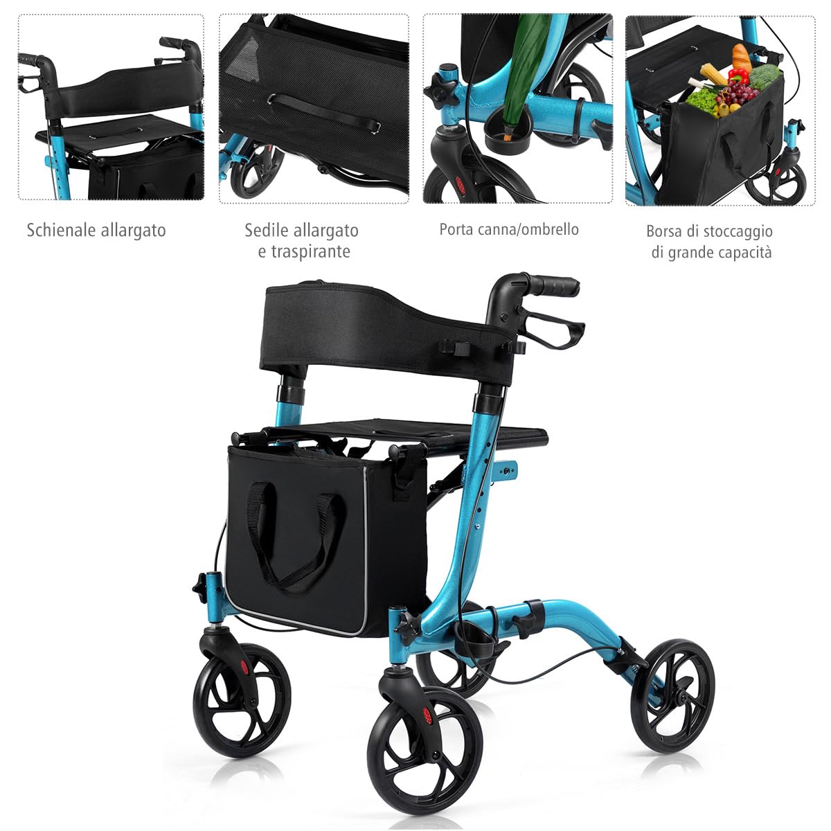 FANTASK 2 in 1 Aluminium Rollstuhl Rollator, faltbar & leicht Reiserollator mit Sitz & abnehmbarem Aufbewahrungsbeutel, Laufhilfe höhenverstellbar für Senioren und Erwachsene (Blau)