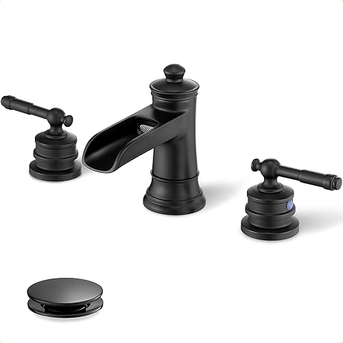Grifo de baño de cascada negro, grifos de baño de latón para fregadero de 3 agujeros, grifo de tocador de baño de 8 pulgadas con 2 asas mangueras de