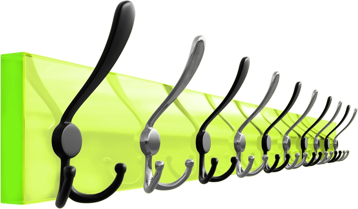 Minimalist Modern Style Large Coat Rack Wall Mounted - 38.6 Inch Long Coat Rack 10 Hooks, Clear Acrylic Glass Coat Rack Hooks, High Loading Capacity Fluorescent Green 10-Hooks