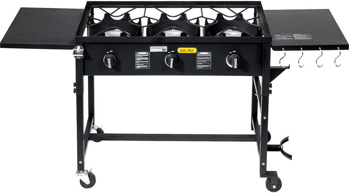 Barton Portable Propane 87,000-BTU Triple-Burner Outdoor Camp Stove Side Table Patio Cooking Wheel w/Regulator 4 Hook Utensil Holder