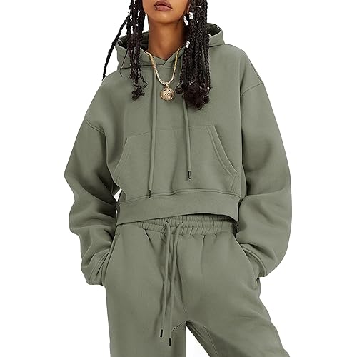 Flygo Womens Fleece 2 Piece Outfits Sweatsuit Crop Pullover Sweatshirt Joggers Pants Tracksuit Set