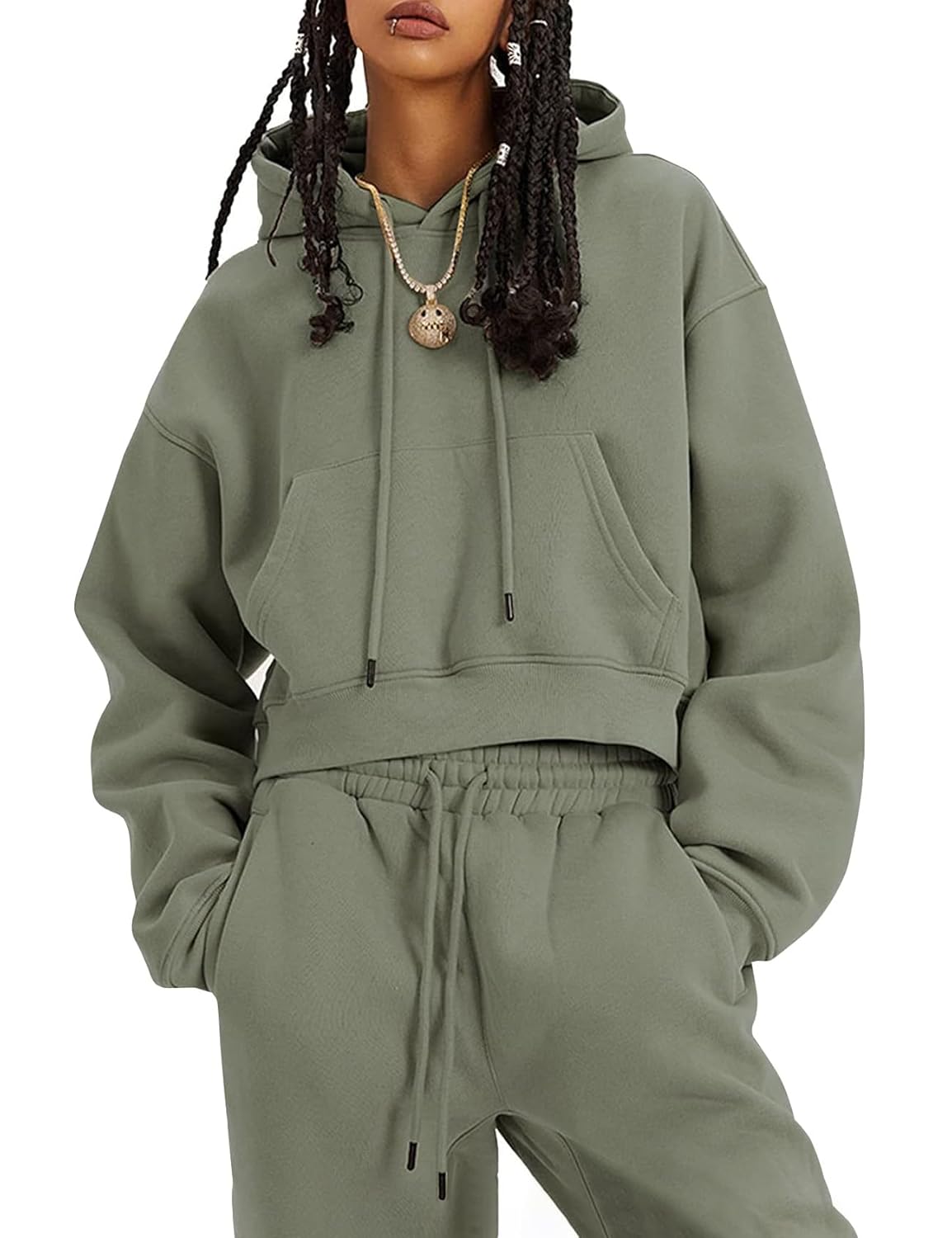 Flygo Womens Fleece 2 Piece Outfits Sweatsuit Crop Pullover Sweatshirt Joggers Pants Tracksuit Set