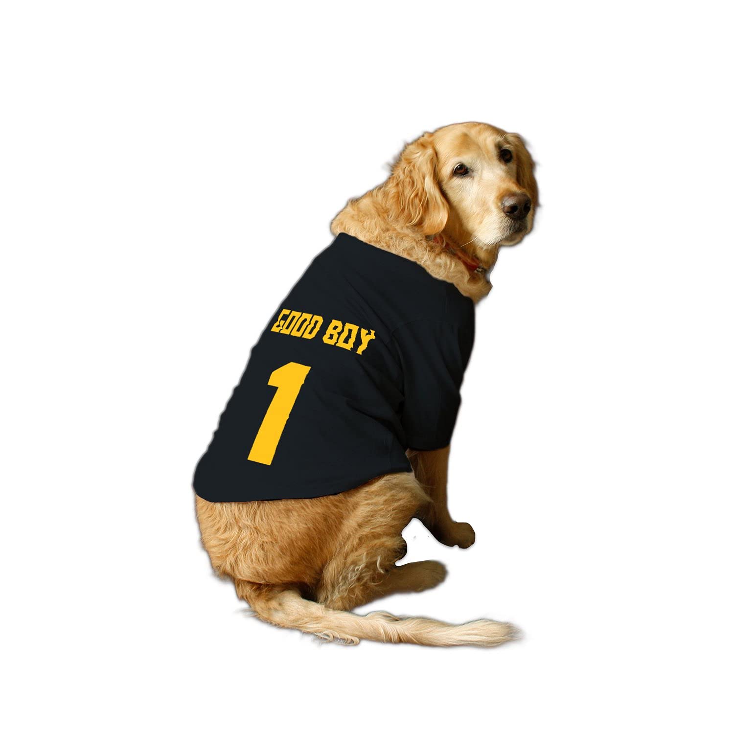 Ruse Basic Crew Neck Good Boy Jersey No.1 Printed Half Sleeves Dog T-Shirt/Apparel/Clothes/Tees Gift for Dogs.(Black) Medium (Chubby Pugs, Beagle etc.)