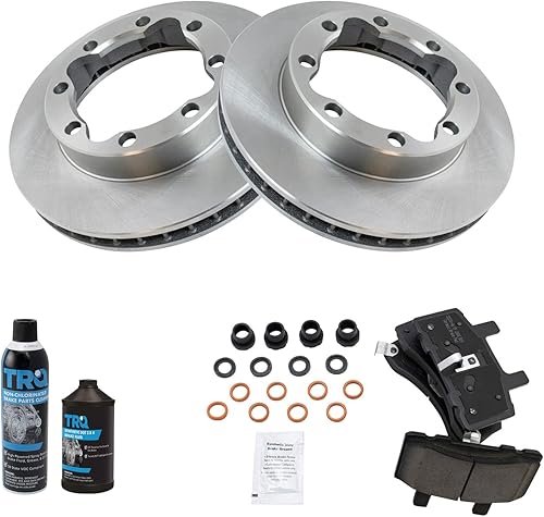 TRQ Kit de pastillas de freno delantero y rotor, kit químico de freno, pastillas de freno de cerámica compatible con Chevrolet K1500 Suburban