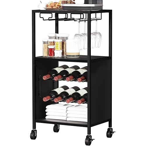 SZLHANJZ Bar Cart Black, Small Wine Cart with Glass Holder, Side Table with Wheels for Liquor Beverage Serving, Rolling Bar Cart with Wine Rack for Home Bar, Kitchen, Living Room