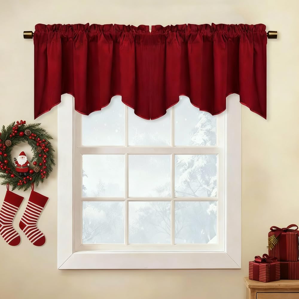 Red Christmas Valance, Rod Pocket Scalloped Tier Short Curtains for Winter Home Decor, Vintage Window Valance for Dining Room/Bay Window/Kitchen, 52 x 18 inch, 1 Panel