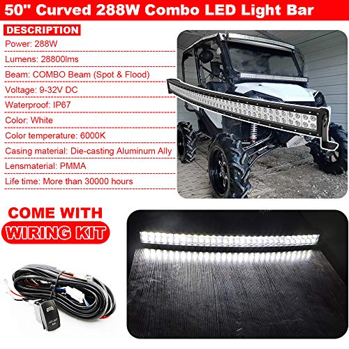 50 Inch 288W Led Curved Light Bar Spot/Flood Combo Beam & Upper Roof Windshield Pro-Fit Cage Mounting Brackets W/Wiring Kit Compatible With Polaris Ranger 570 900 1000 Xp Full-Size #TOP3