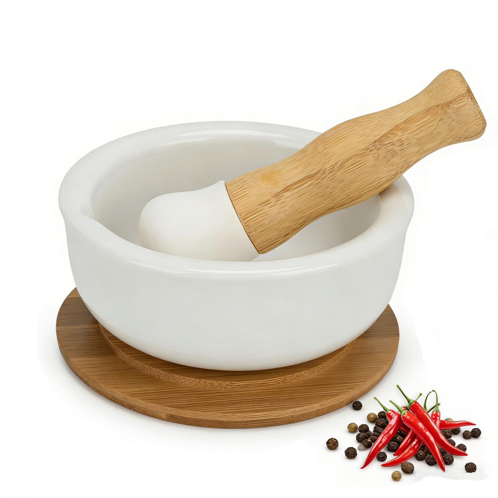 Keramik-Mörser und Stößel mit Bambusunterlage – 12 cm Durchmesser Langlebige Gewürz- und Kräutermühle für Pfeffer, Vanille, Meersalz