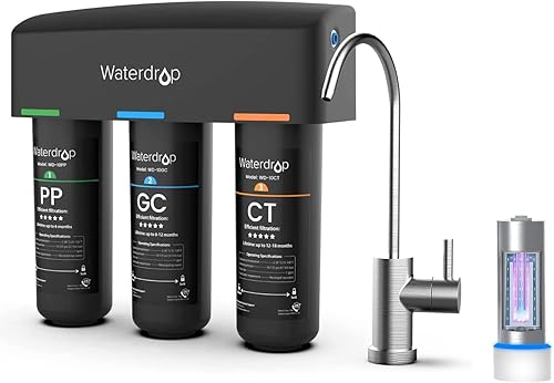 Waterdrop TSB - Filtro de agua de 3 etapas de alta capacidad para debajo del fregadero y filtro de esterilización de agua Waterdrop LED UV