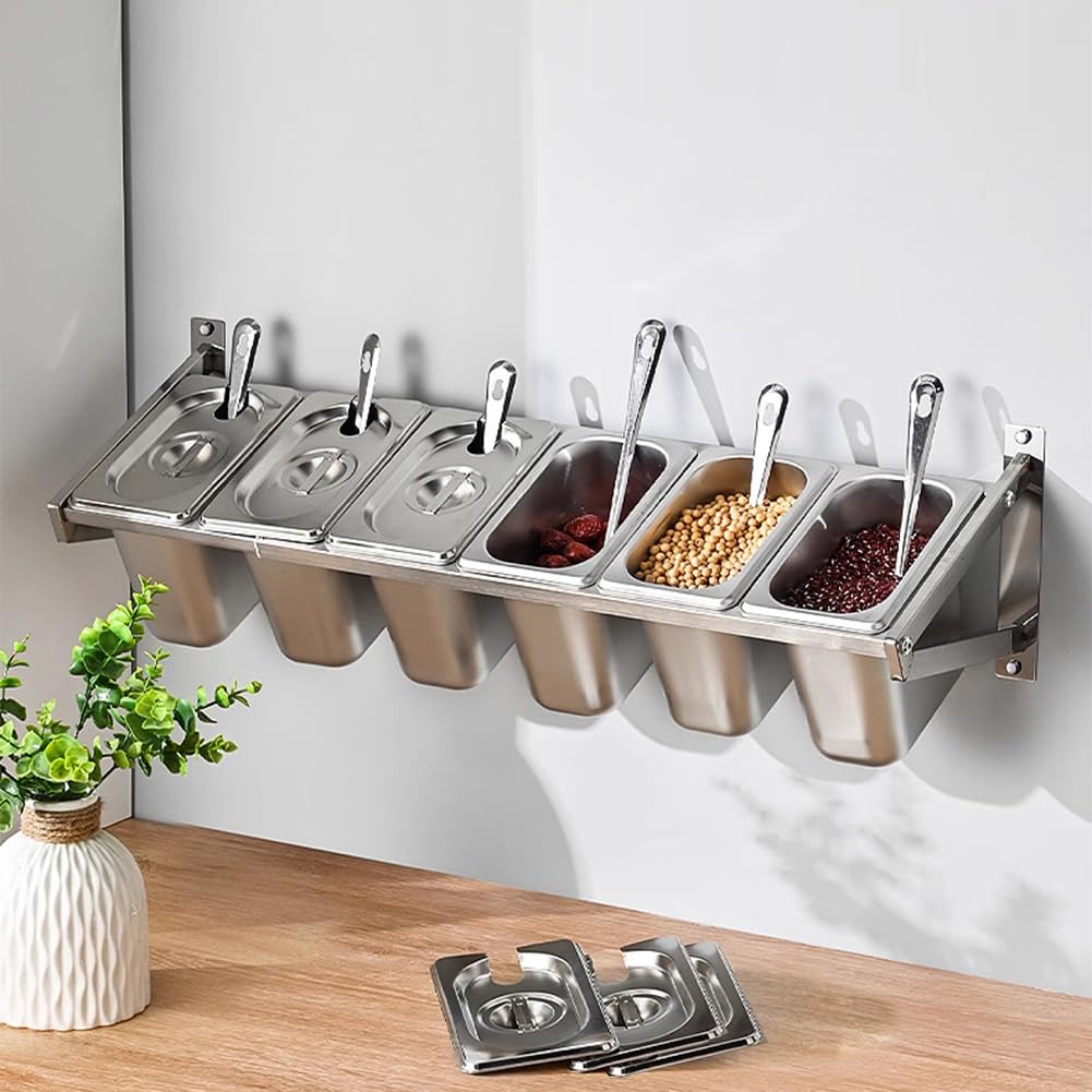 GTHTUHFD Wall Mounted Stainless Steel Food Ingredient Container 6 Grid Pizza Condiment & Spice Rack Holderkitchen Storage For Nizing Ingredients And Spices