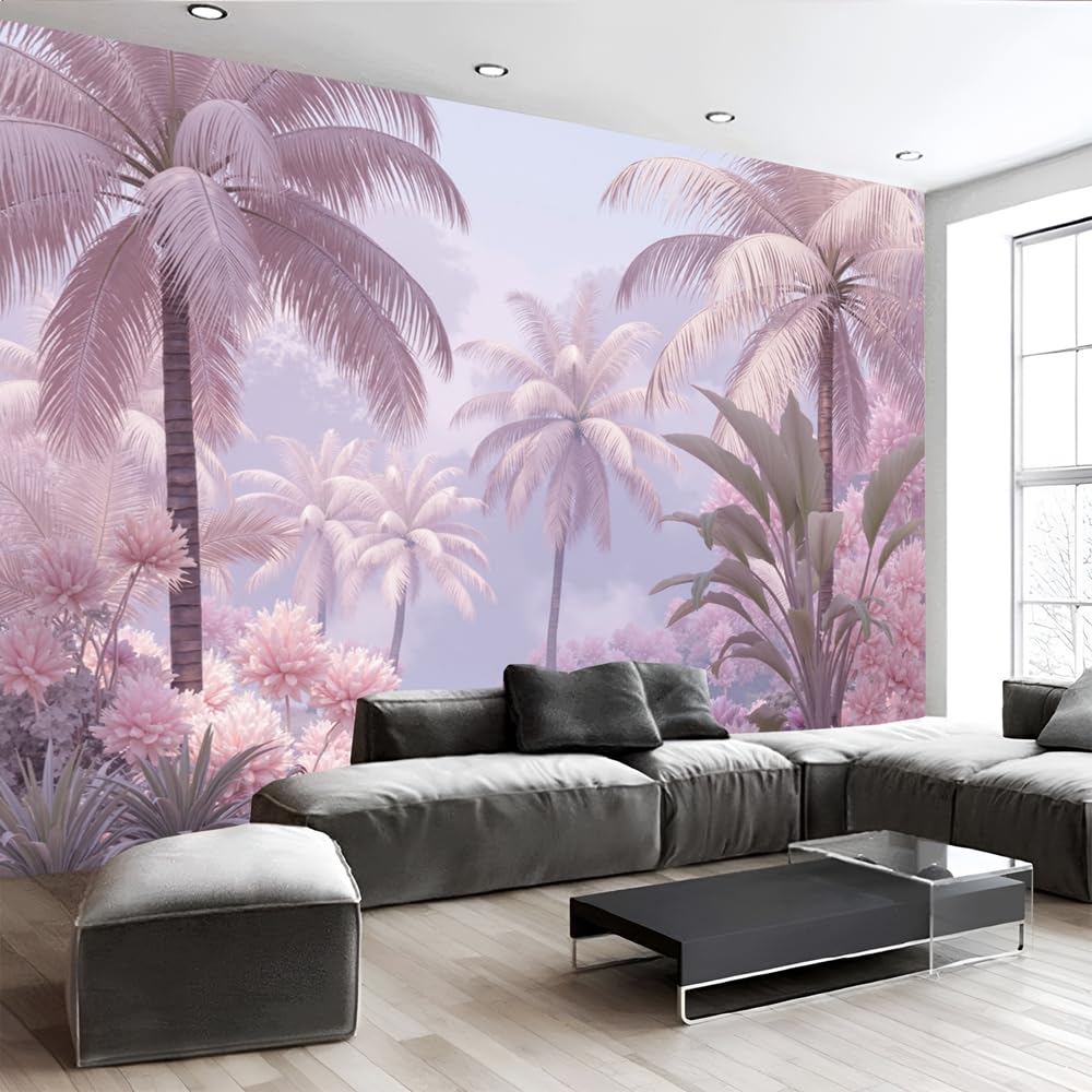 Carta da Parati Fotografica 300 x 210cm Grande Sfondo per TV, Palmeto Paesaggio Onirico Poster Gigante Design Cameretta Carta per Pareti Rosa Viola Decorazione