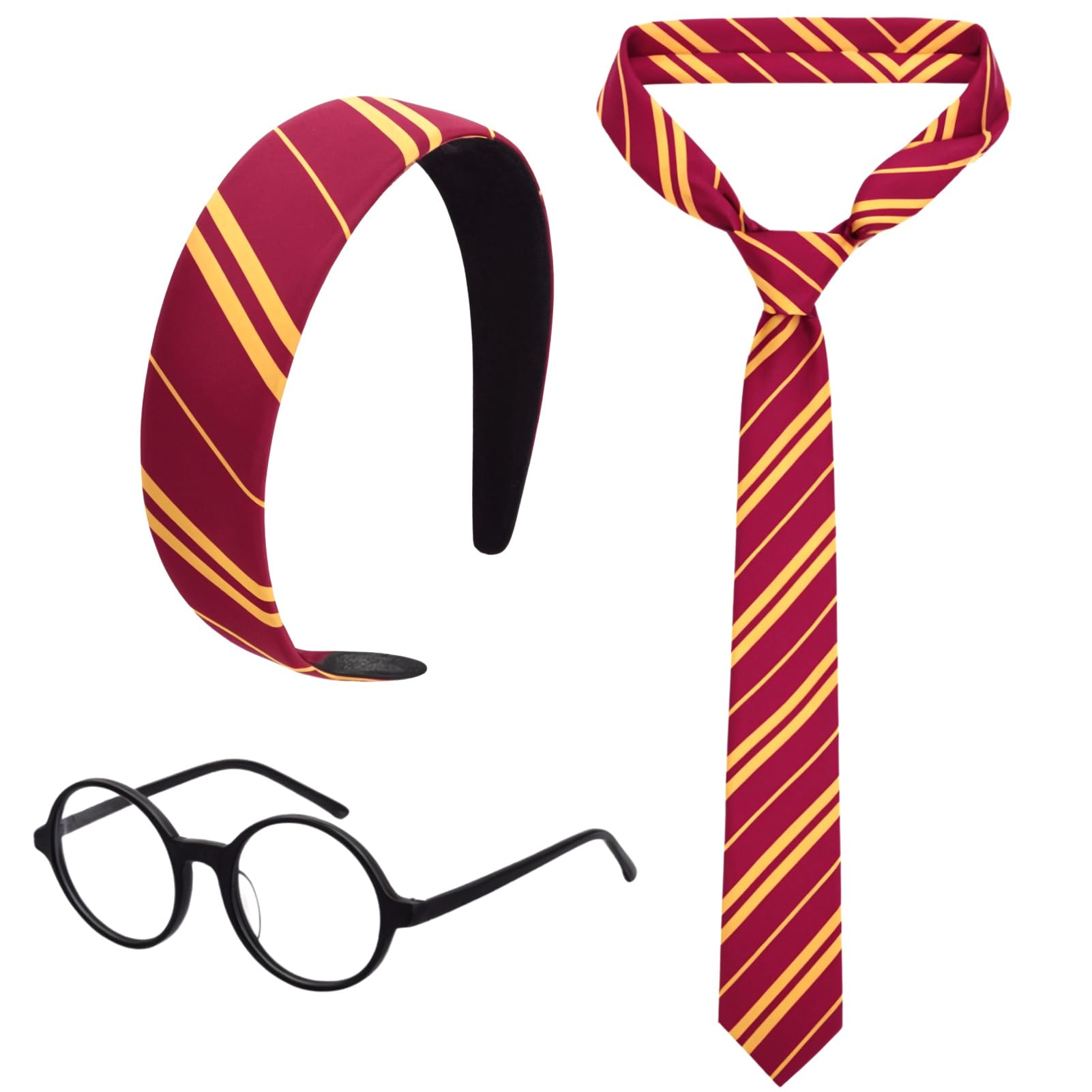 YONEEKSS Wizard Costume Accessories Set, Burgundy Red and Yellow Stripe Headband Tie and Glasses, Classic Wizard Cosplay Accessories for Adults