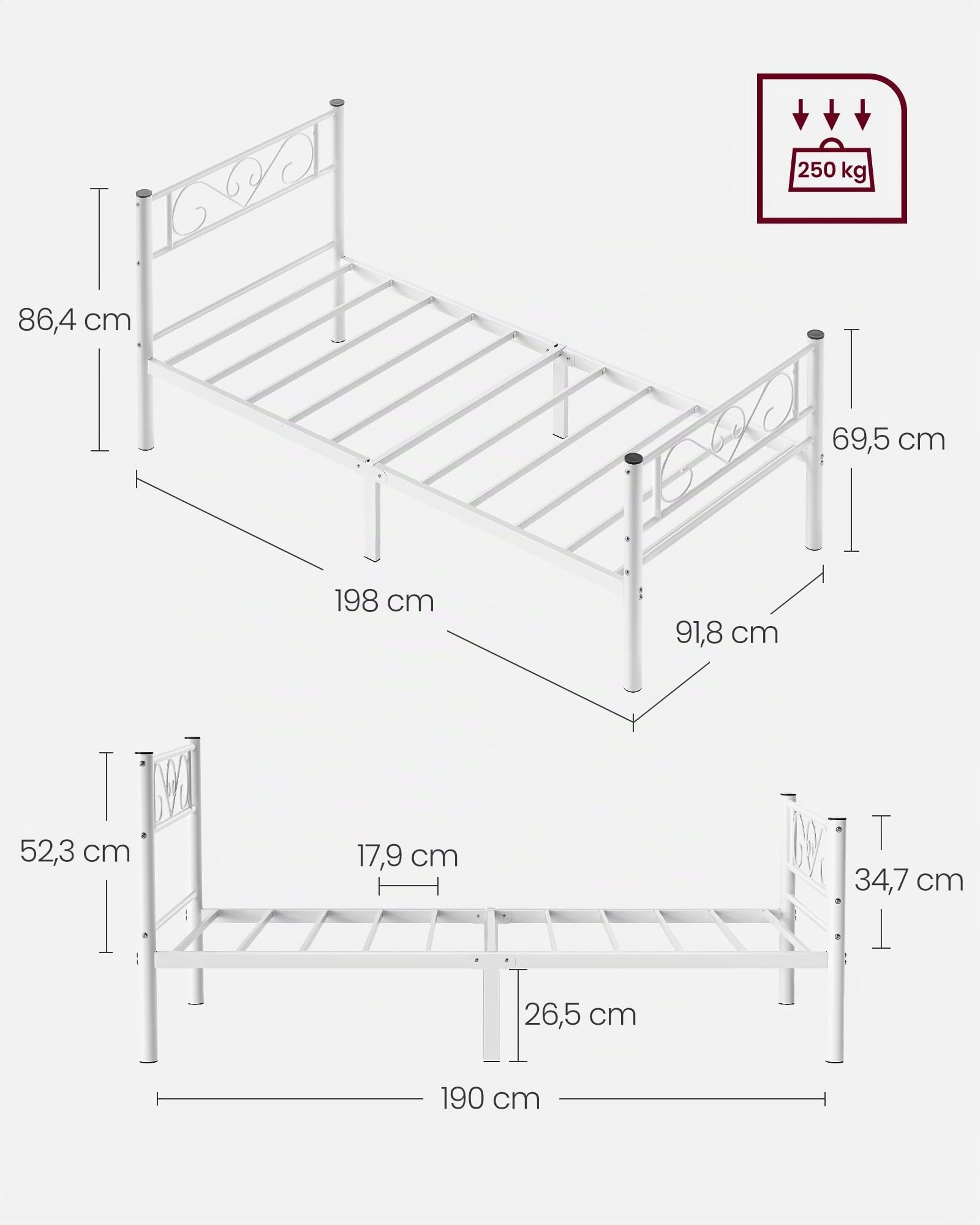 VASAGLE Estructura de Cama de Metal 90 x 190 cm Blanco