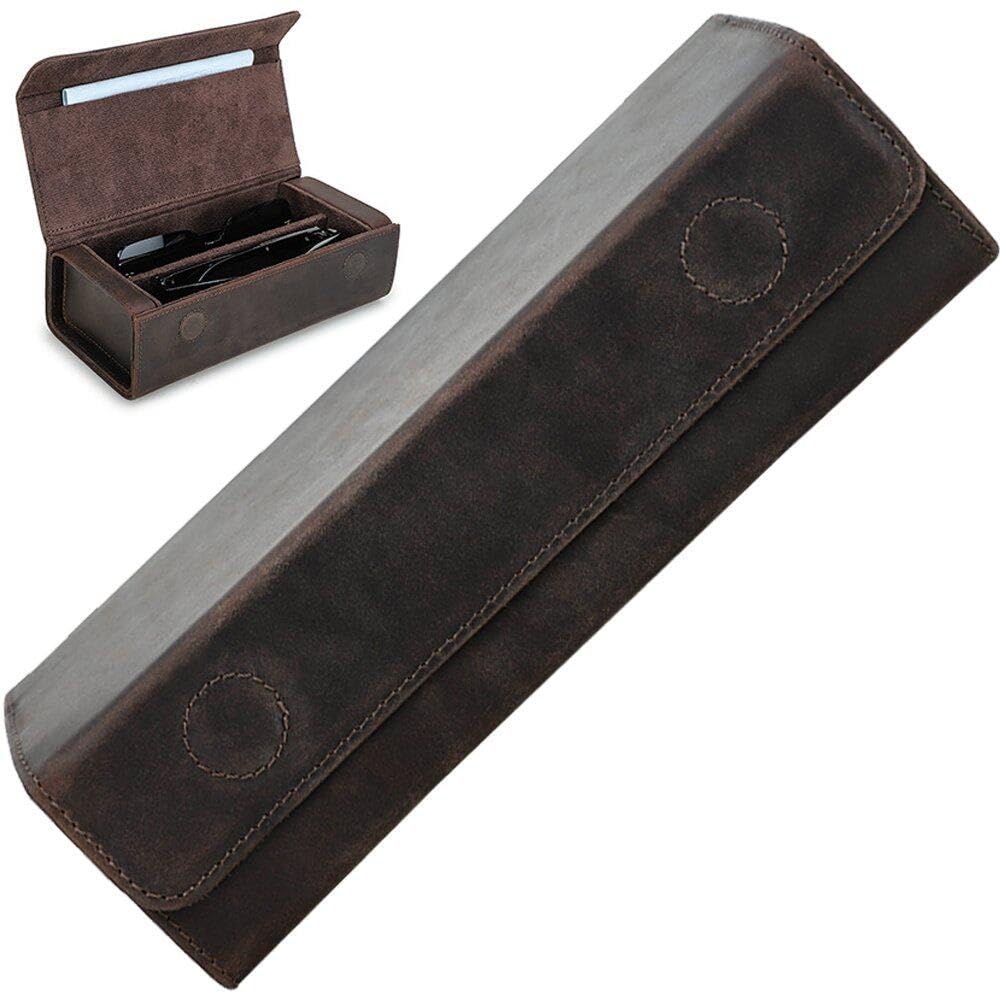 Hard Crazy Horse Leder Brille Hülle Tragbare Reiseschutzhülle Sonnenbrille Aufbewahrungstasche 2 Schlitz Brille Hülle